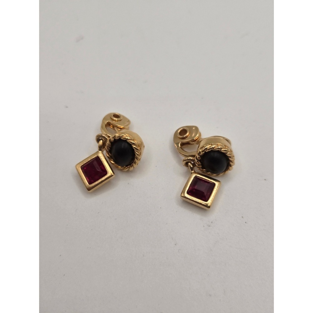Vintage Monet Gold Tone Ruby Red Rhinestone Square Drop Clip On Earrings